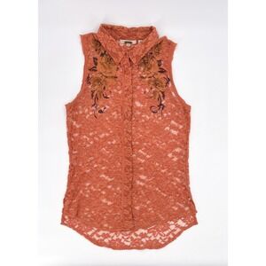 Miss Me Shirt Women Large Orange Lace Collared Button Whimsigoth Bohemian